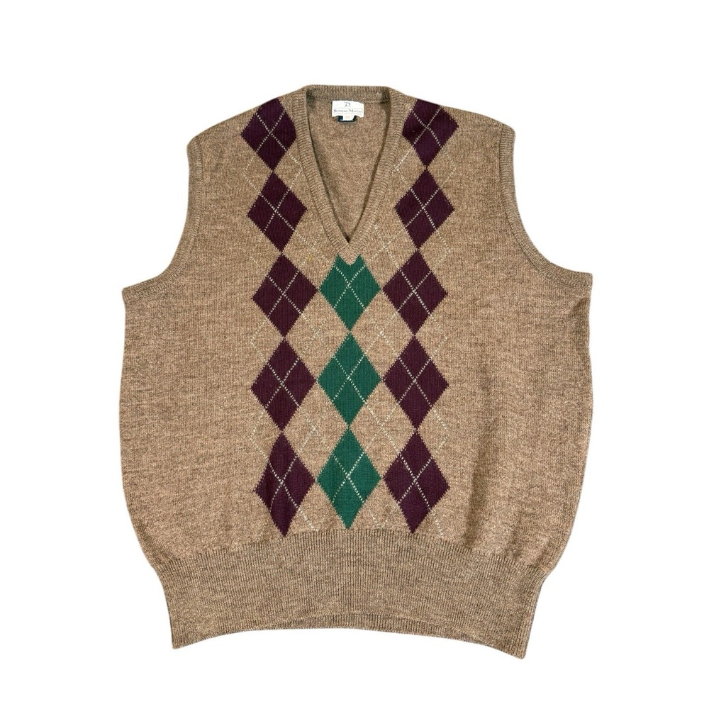 Vintage 1950s 1960s Neiman Marcus Argyle Sweater Vest Yellow Shetland Wool XL‎
